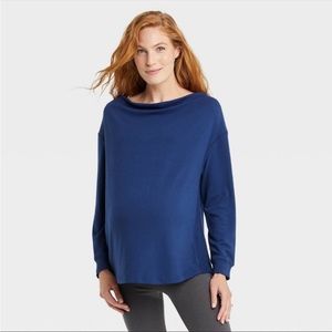 Long-Sleeve Isabel Maternity Boatneck Shirt with Side Ribbing in Blue - Size XL